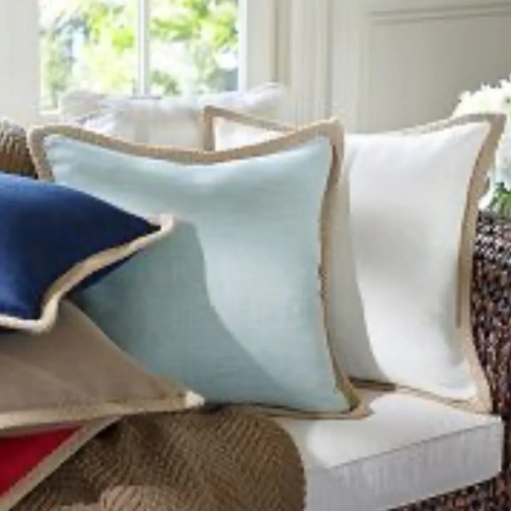 Pottery Barn Blue Linen With Jute Trim Accent Pillow With Feather Insert